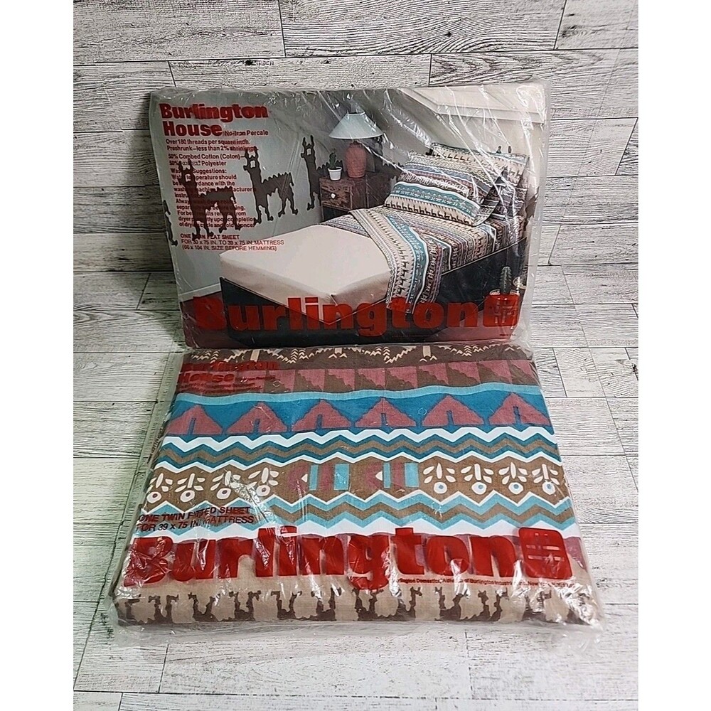 NEW Vintage Burlington House Twin Flat & Fitted Sheet Set 90s Southwest Aztec SW